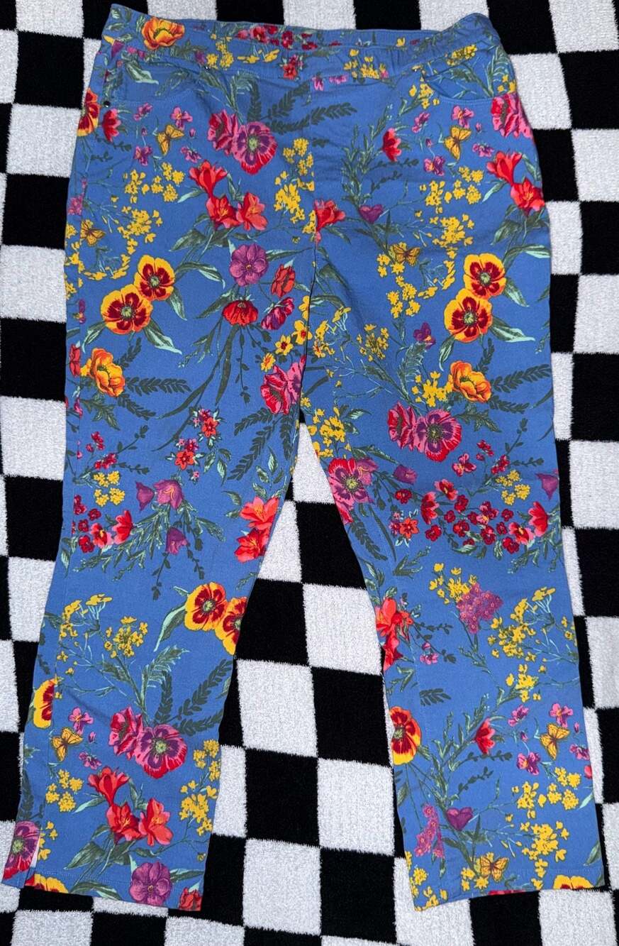 Susan Graver Blue Floral Print Pull-On Straight Leg Pants Size 14